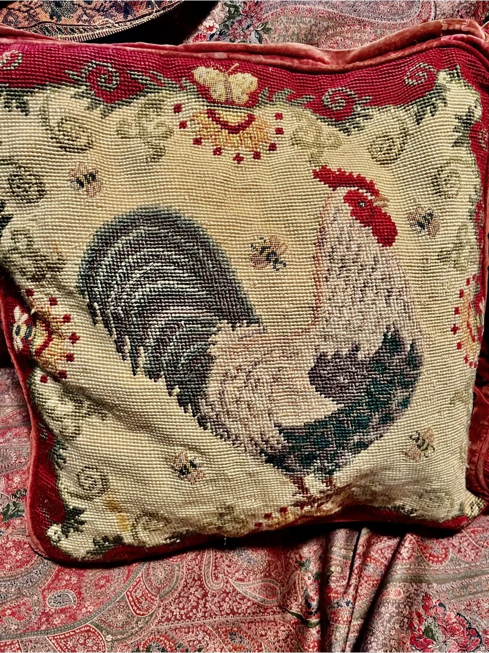 Wool Needlepoint Throw Pillows Feather Cushions Rooster Design Pair